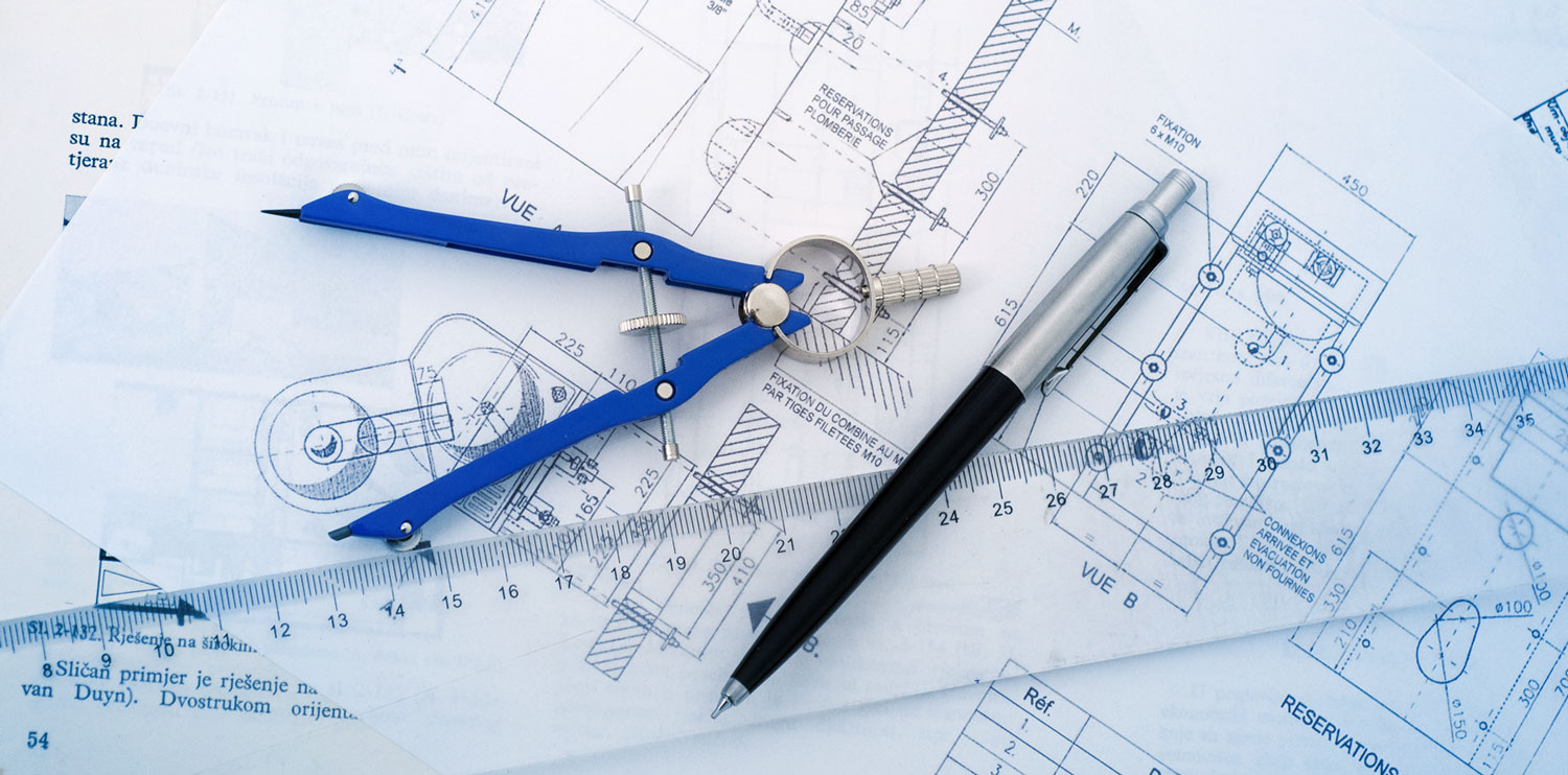 blueprint with protractor, ruler and drafting pen